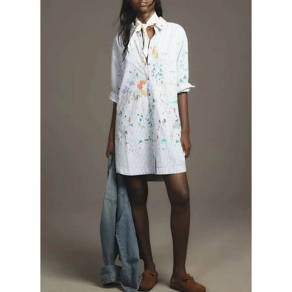 Anthropologie Pilcro Paint Splatter Long-Sleeve Shirt Dress Buttondown SP 288480